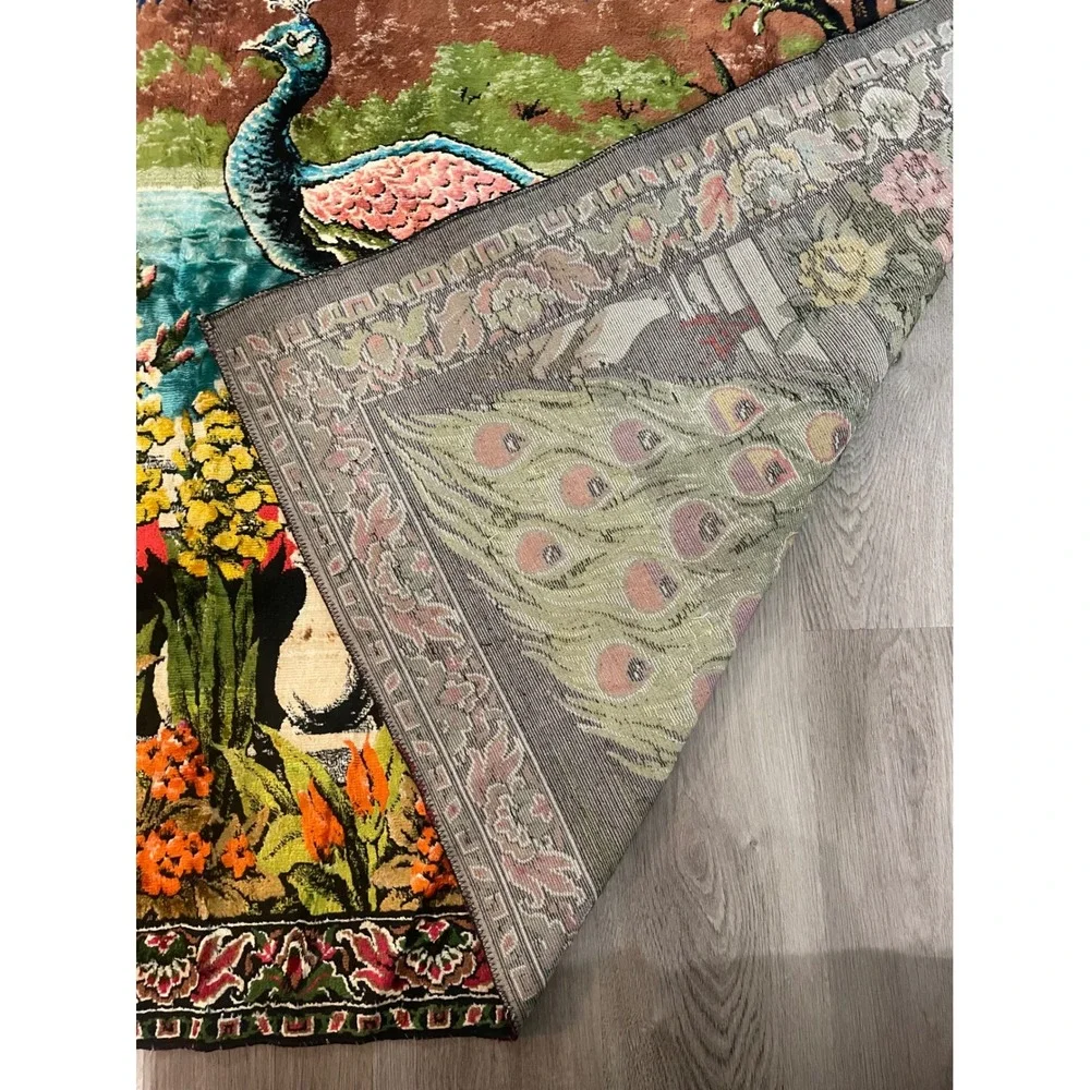 Vintage Turkish Velvet Peacock Tapestry Rug 1970s Wall Hanging 75x49 Boho Decor